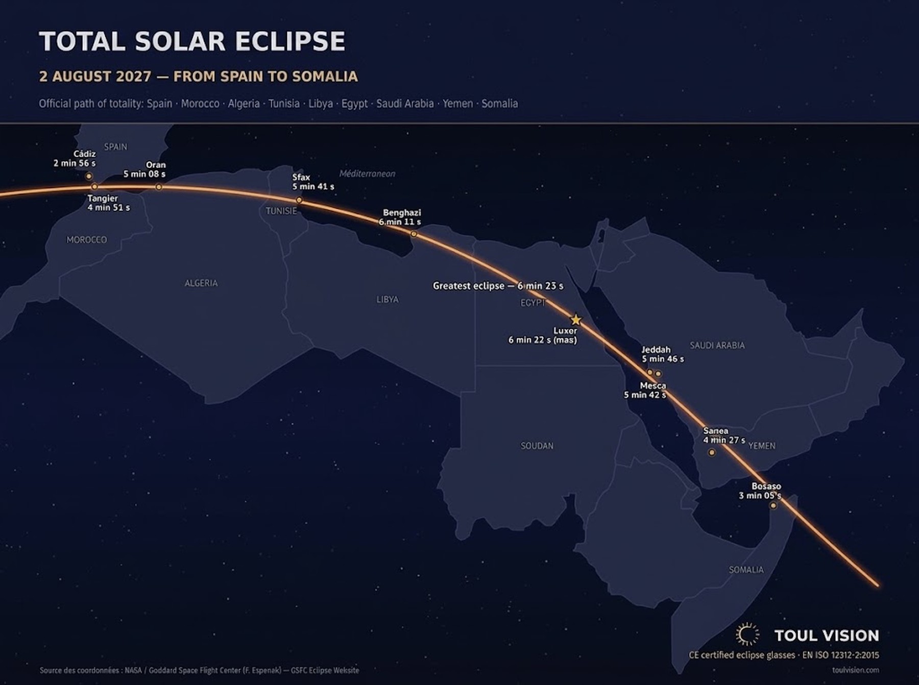 Total solar eclipse — August 2, 2027 — from Spain to Somalia, official path of totality