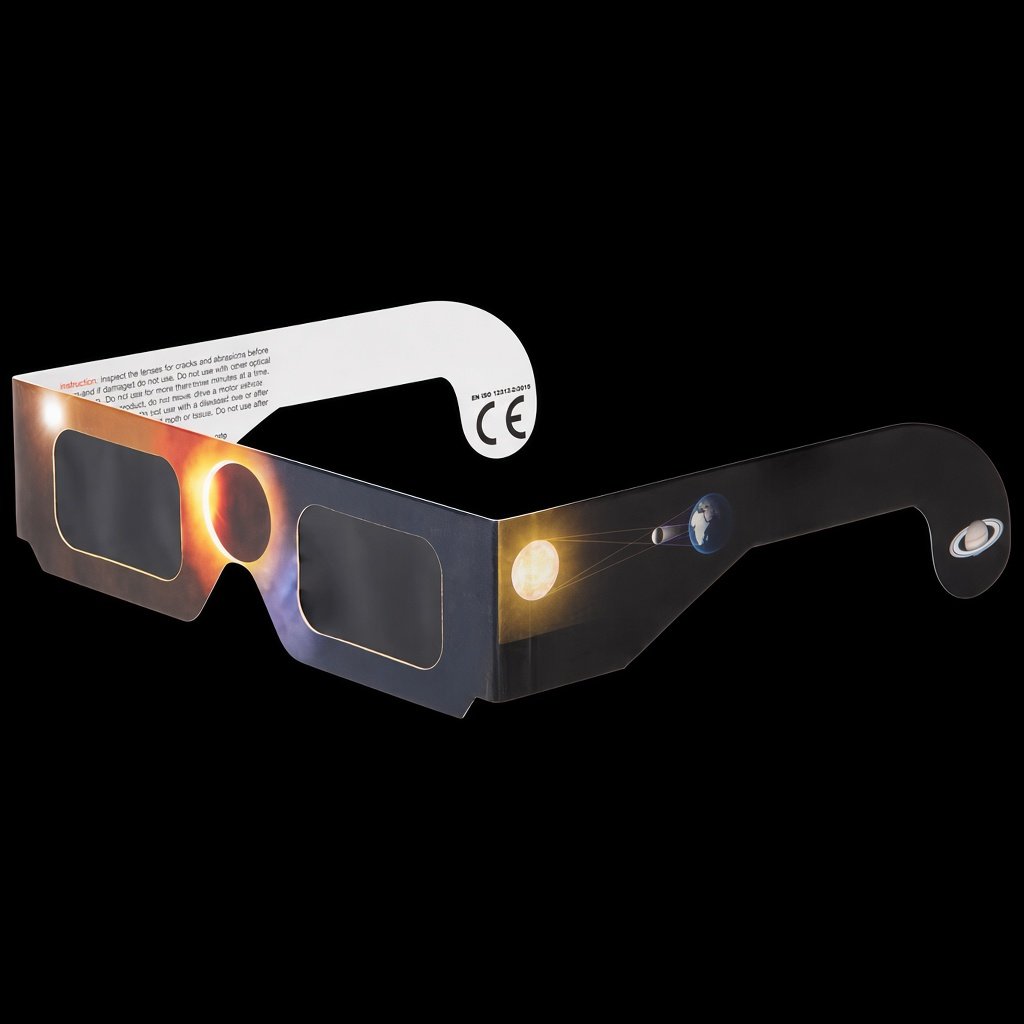 Toulvision solar eclipse glasses, three-quarter view showing CE mark and ISO 12312-2:2015 compliance label
